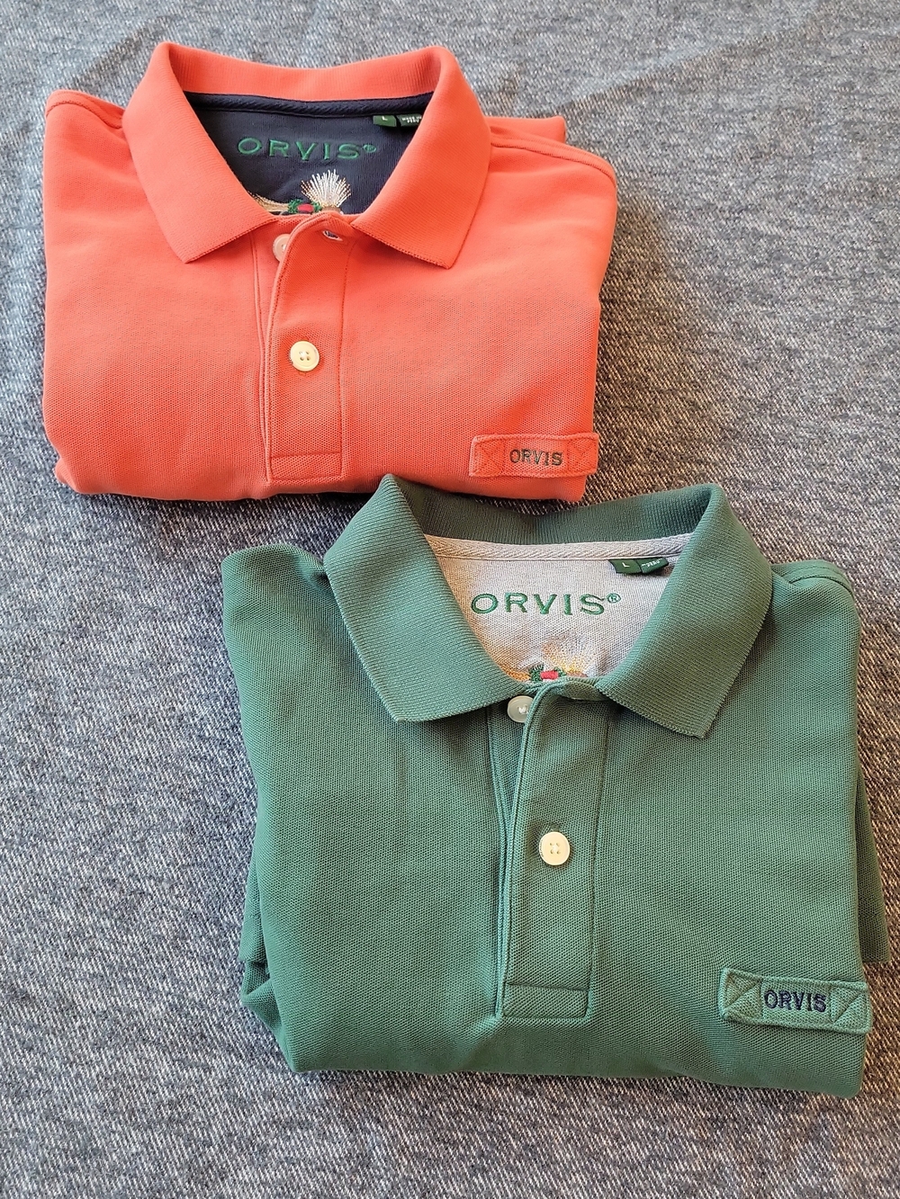 Lot of 2 Orvis Signature Polo Shirt Men's Large Pique Thick Heavyweight Fishing